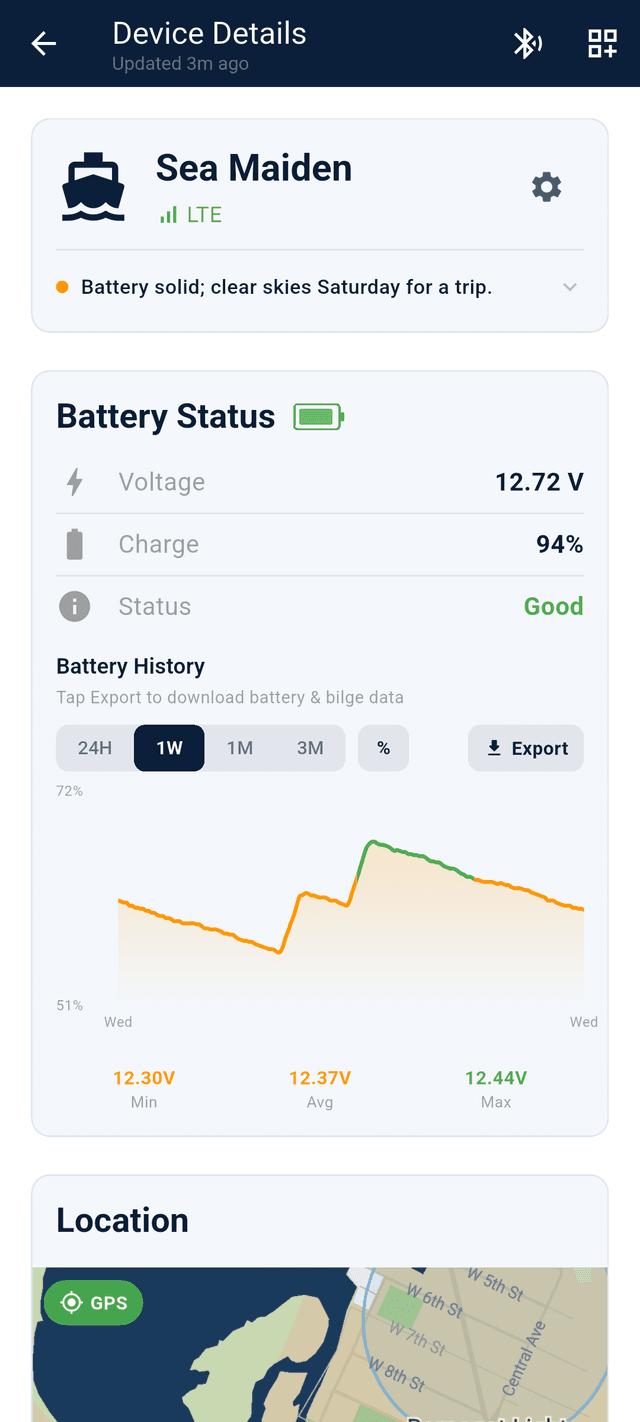 HullSense device detail — battery history, charge status, and location map